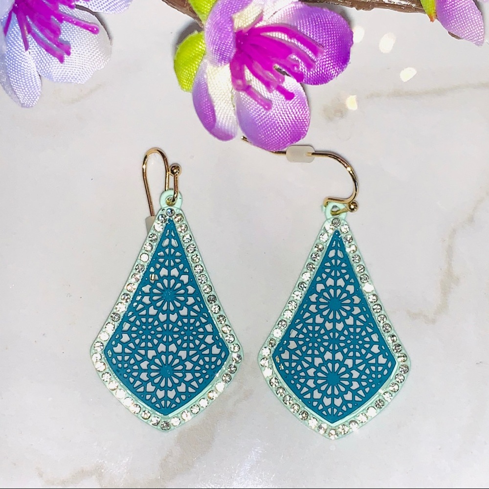 Turquoise Floral Filigree Rhinestone Earrings